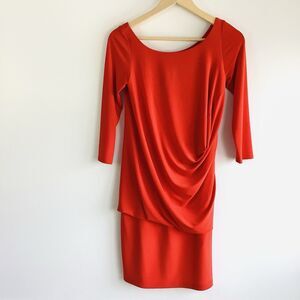 Joseph Ribkoff Ruched Boatneck Orange Red Midi Dress Women's 4 3/4 Sleeve